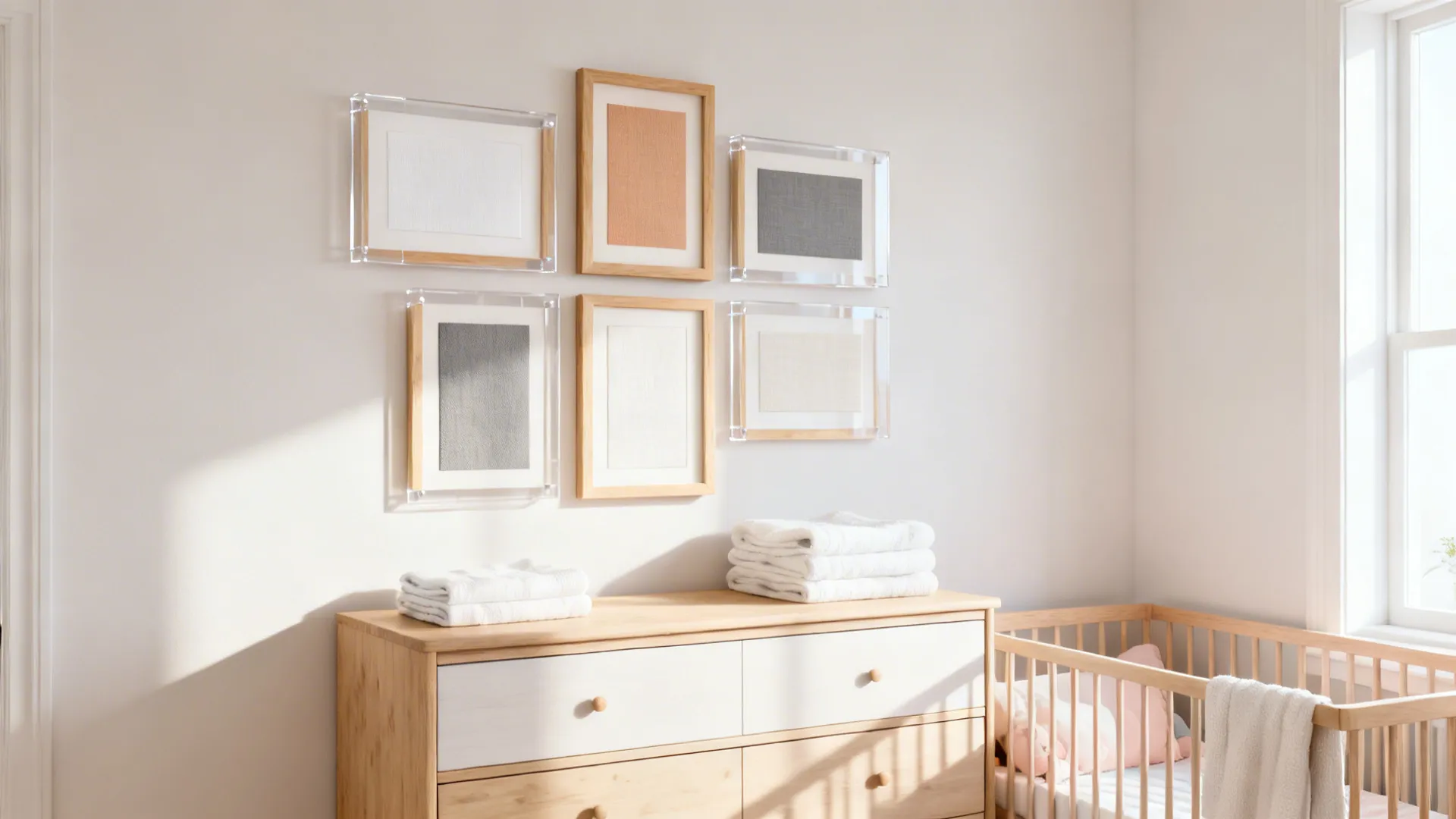 Bright nursery corner featuring wooden dresser with white towels wall frames and a wooden crib
