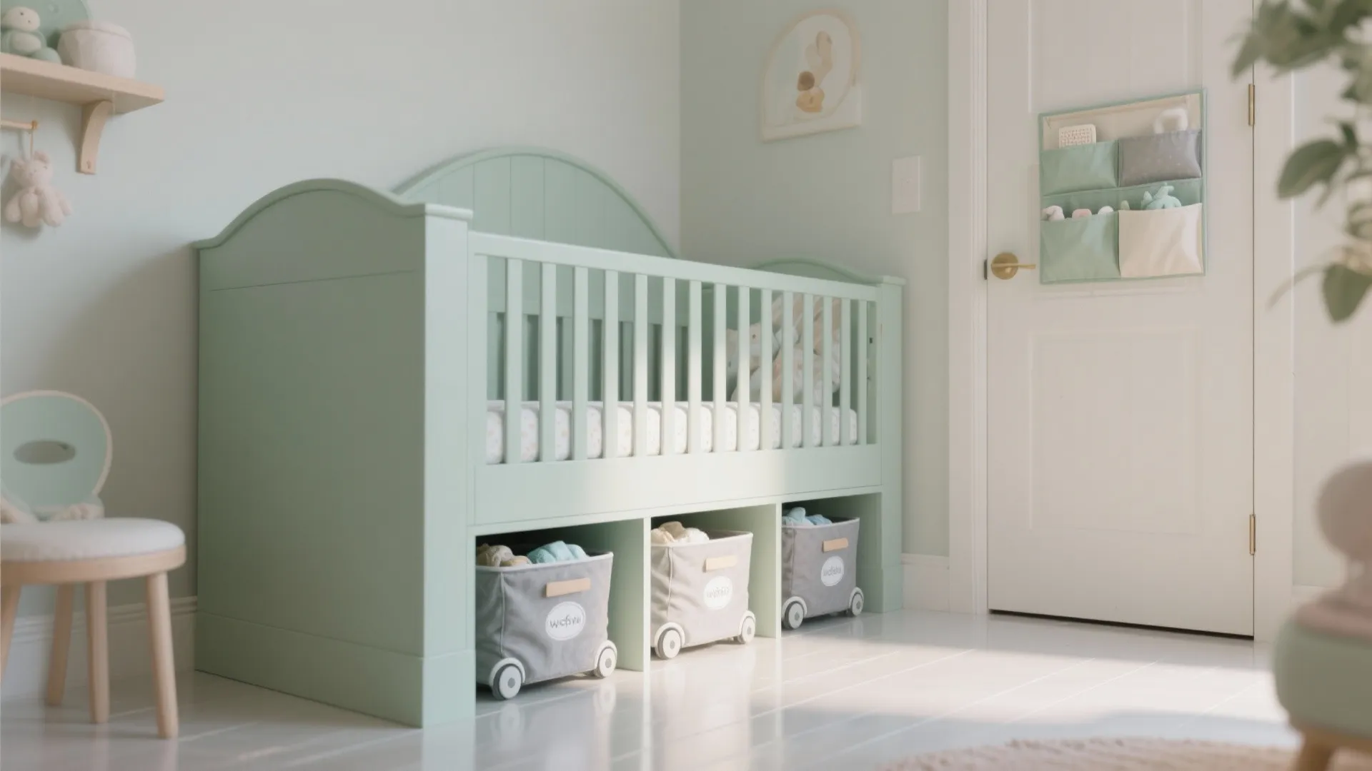 5) Hidden storage: under-crib bins and door backs