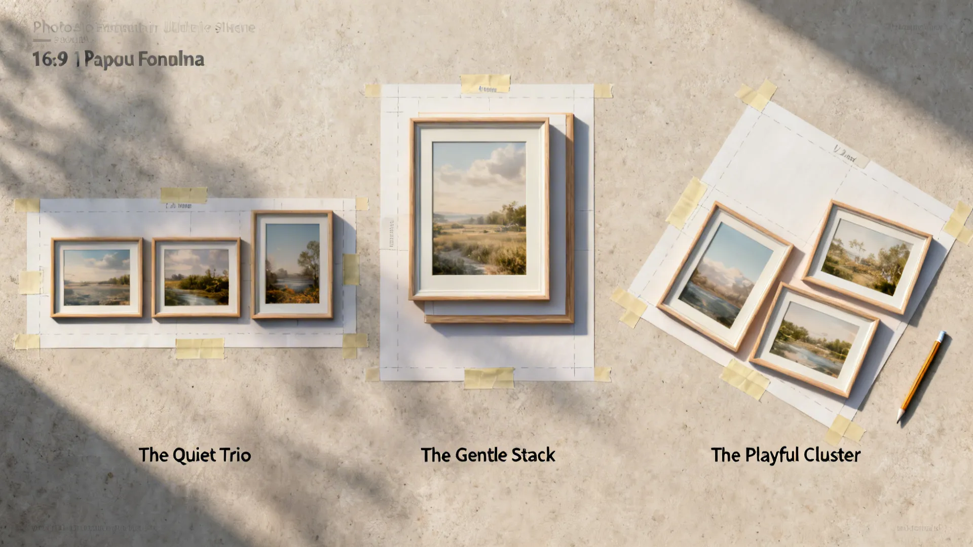 Diagram showing three gallery wall layout styles labeled quiet trio gentle stack and playful cluster