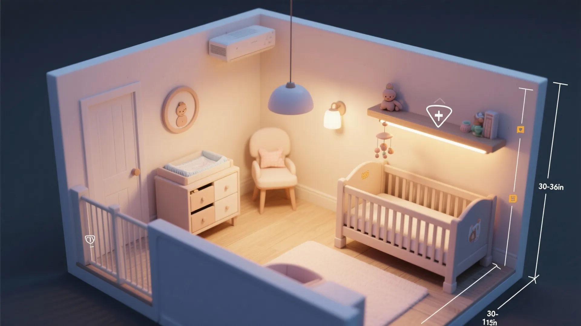 Top-down 3D floor planner view illustrating nursery fixture placement and clearances