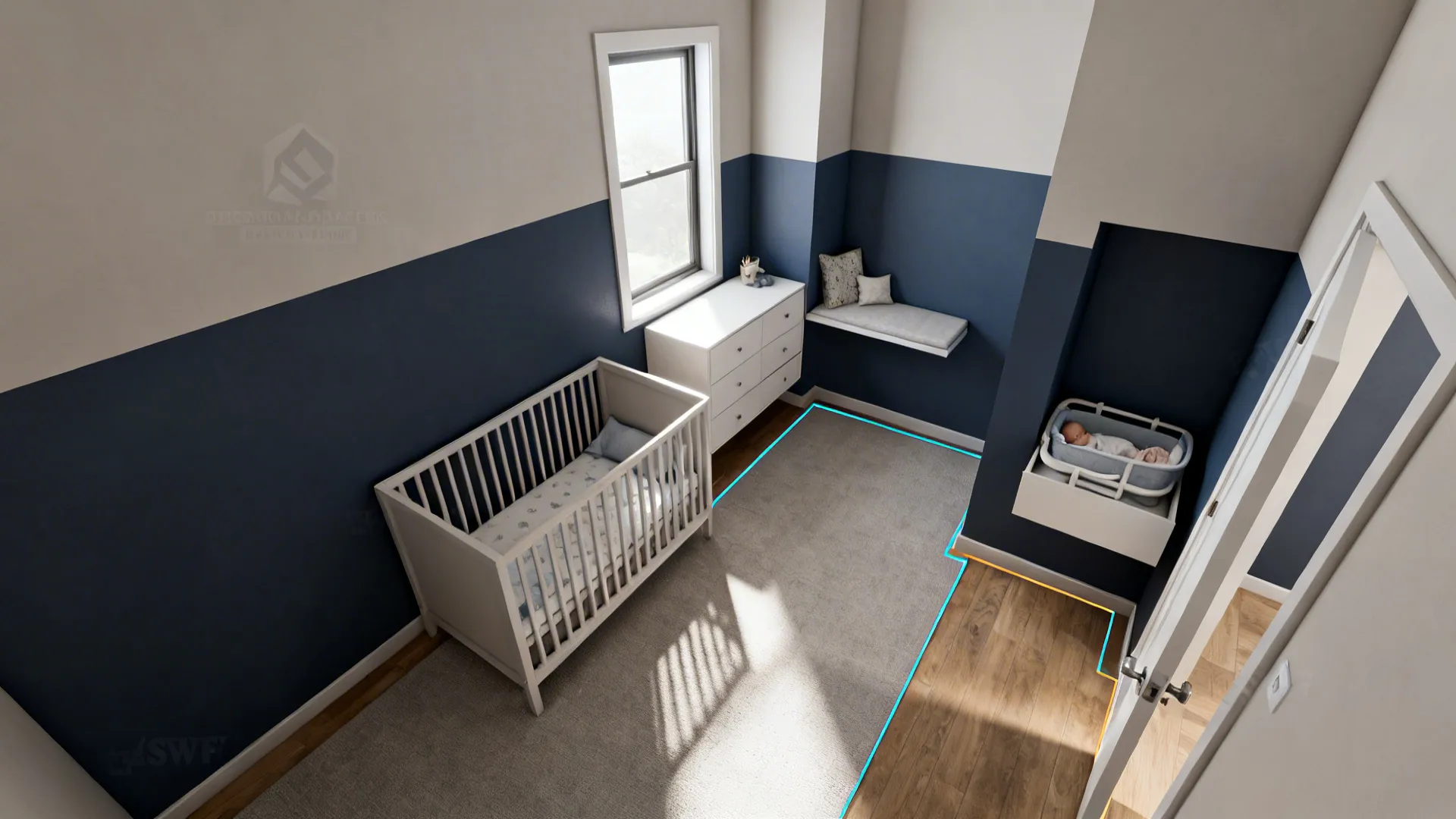 Interior design drawing of nursery with blue walls white crib cabinet and window top view