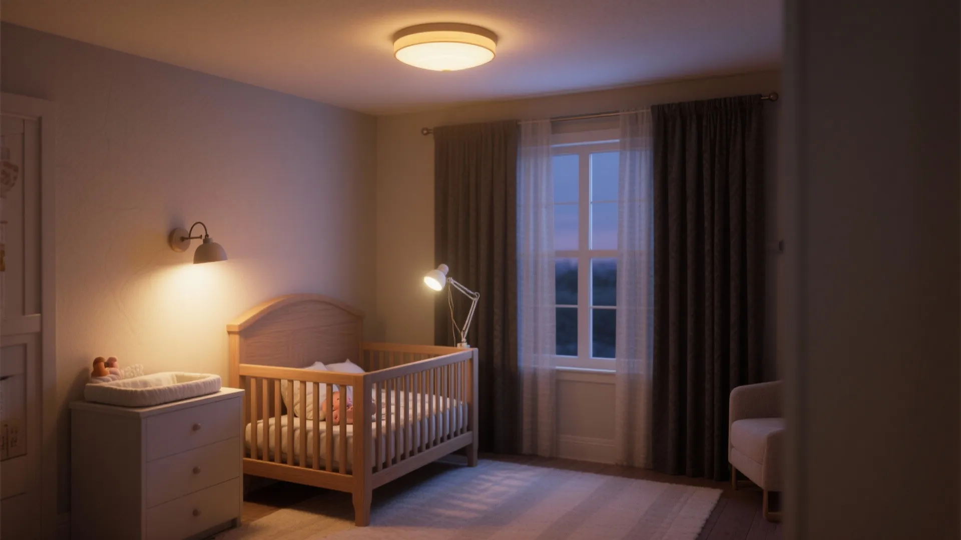Nursery room at night with glowing ceiling light wall light and lamp near wooden crib