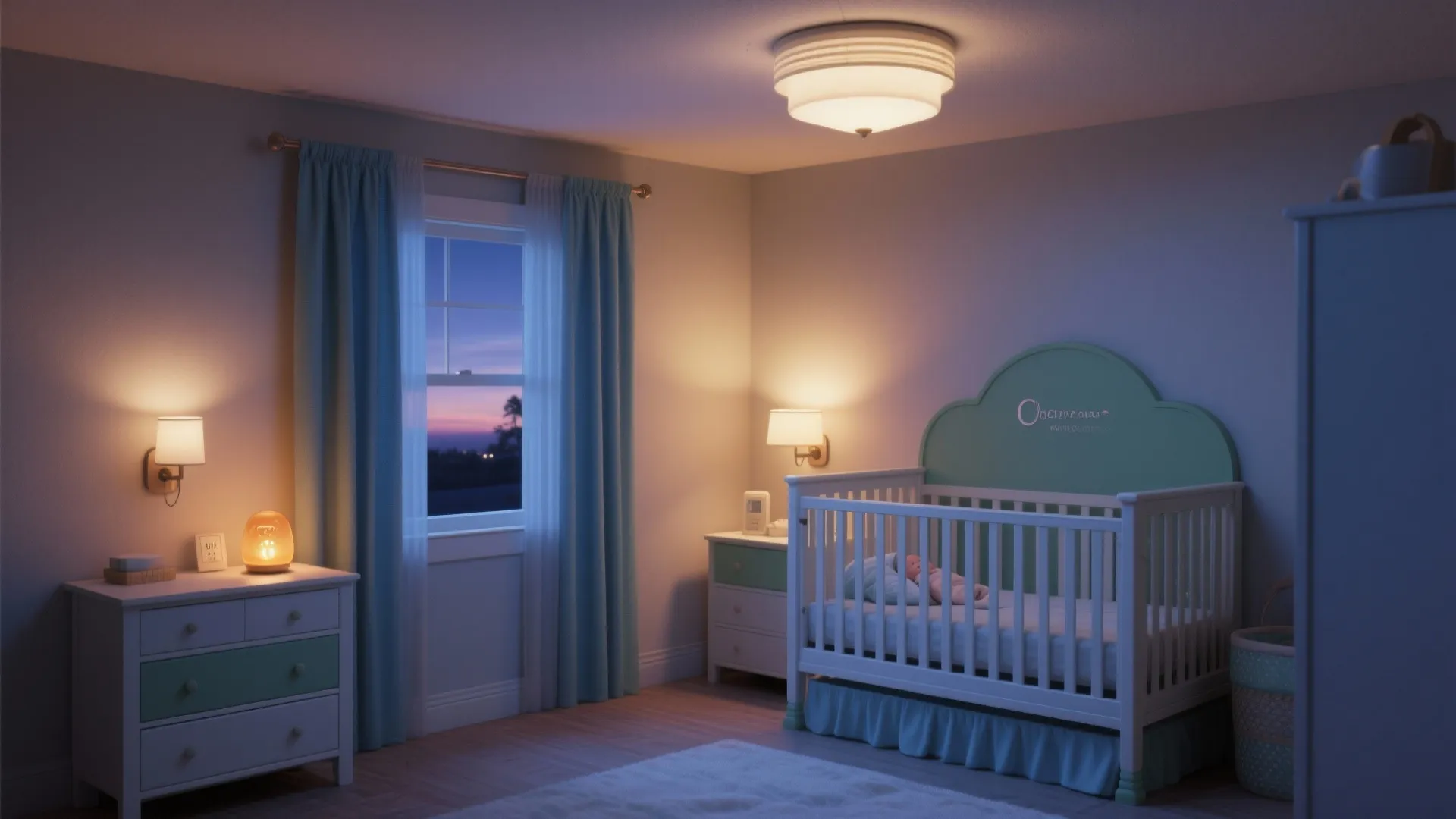 Cozy nursery room with white crib blue curtains white cabinet wall light and round ceiling light