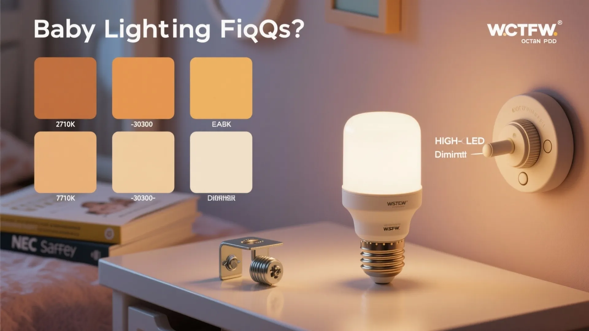 Collage showing color temperature swatches, LED bulb, dimmer control, and safety references for nursery lighting