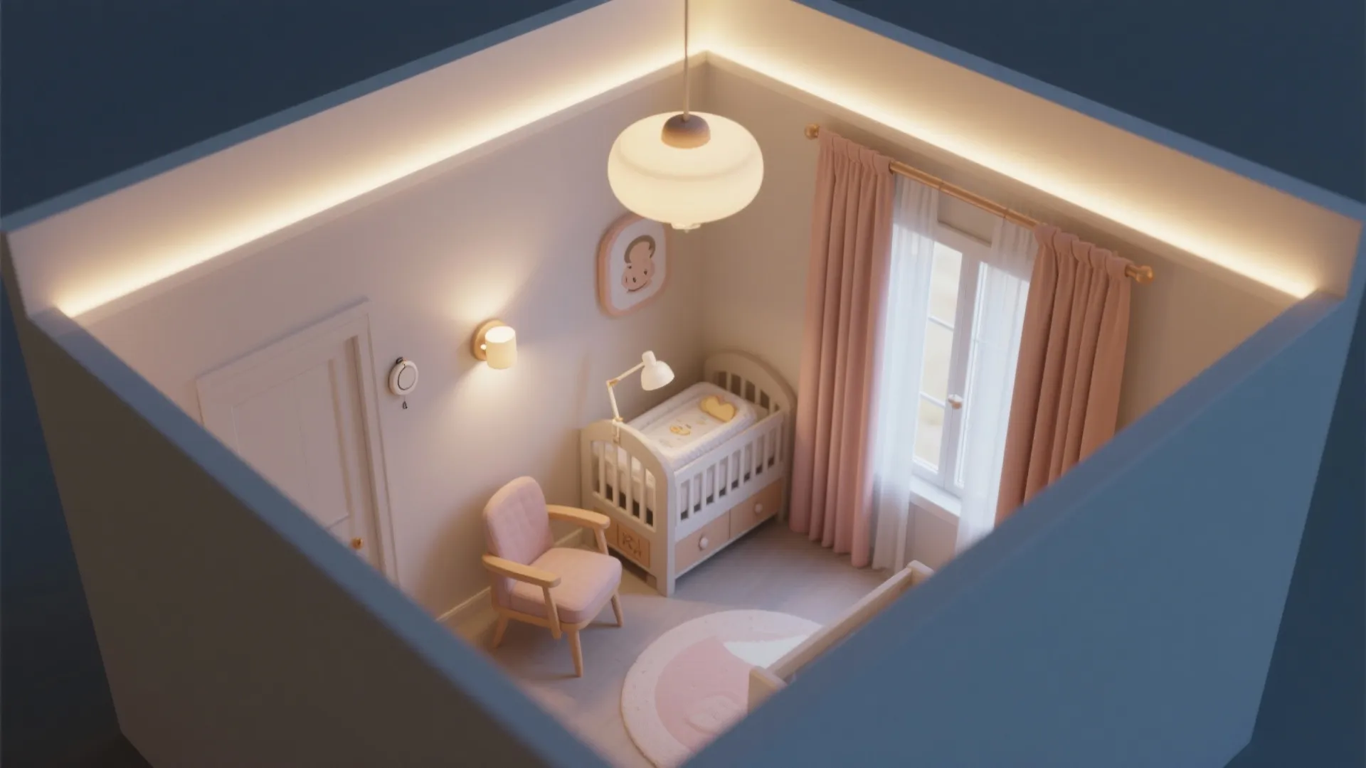 Top view of a small nursery room with pink chair, baby crib, and soft ceiling light