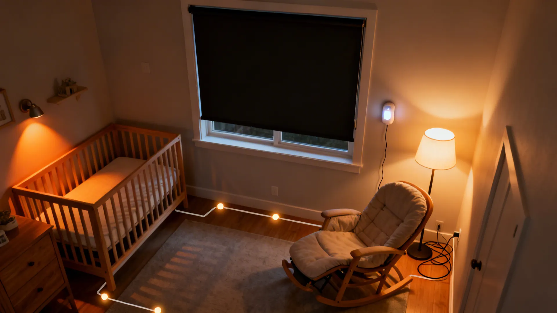 Top-down view showing blackout shades, a dimmable lamp by the glider, and a night light near the changing area.