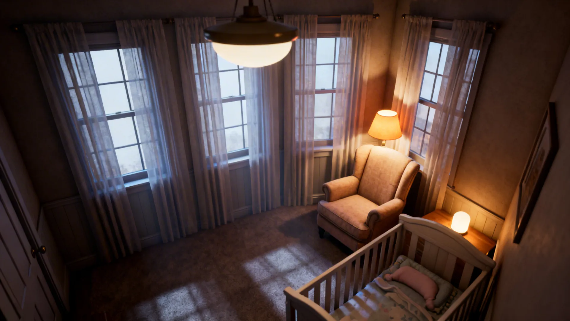 Nursery interior illustrating layered lighting: sheer window, dimmable overhead, and bedside lamp.