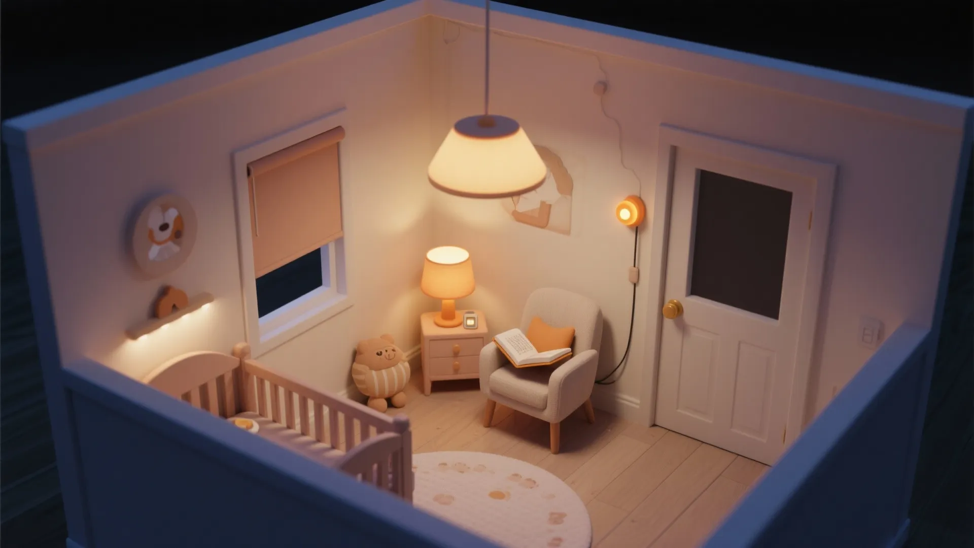 Cozy nursery room with a crib white armchair warm ceiling light table lamp and wood floor