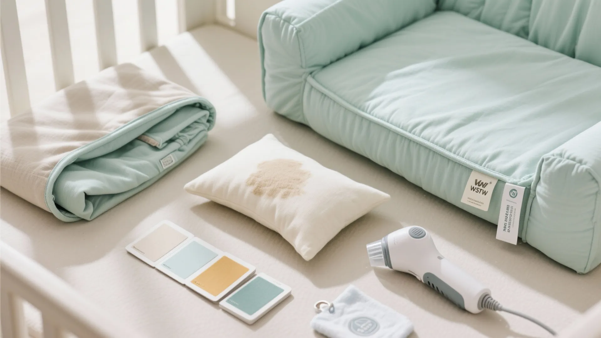 Flatlay of washable covers, waterproof slipcover, fabric swatches, lumbar pillow, and a small handheld vacuum for nursery chair care.