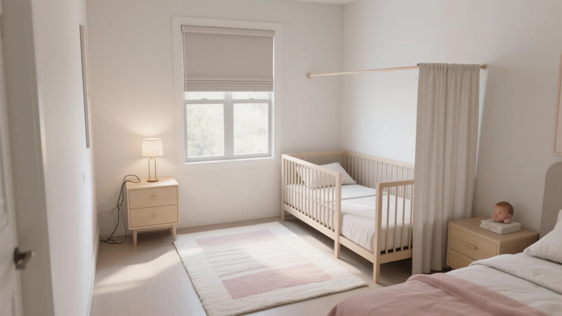 Minimalist nursery room with wooden crib, side table, light fixture, pink rug, and white curtain