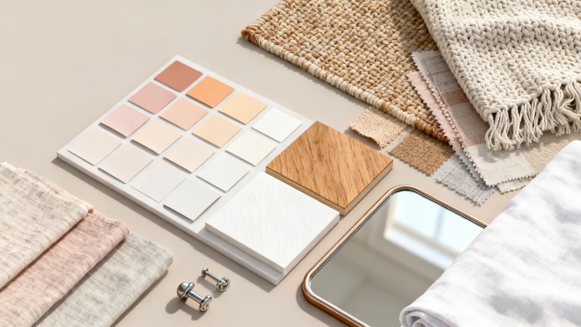 Moodboard flatlay with pastel paint swatches, wood and fabric samples for a small nursery.