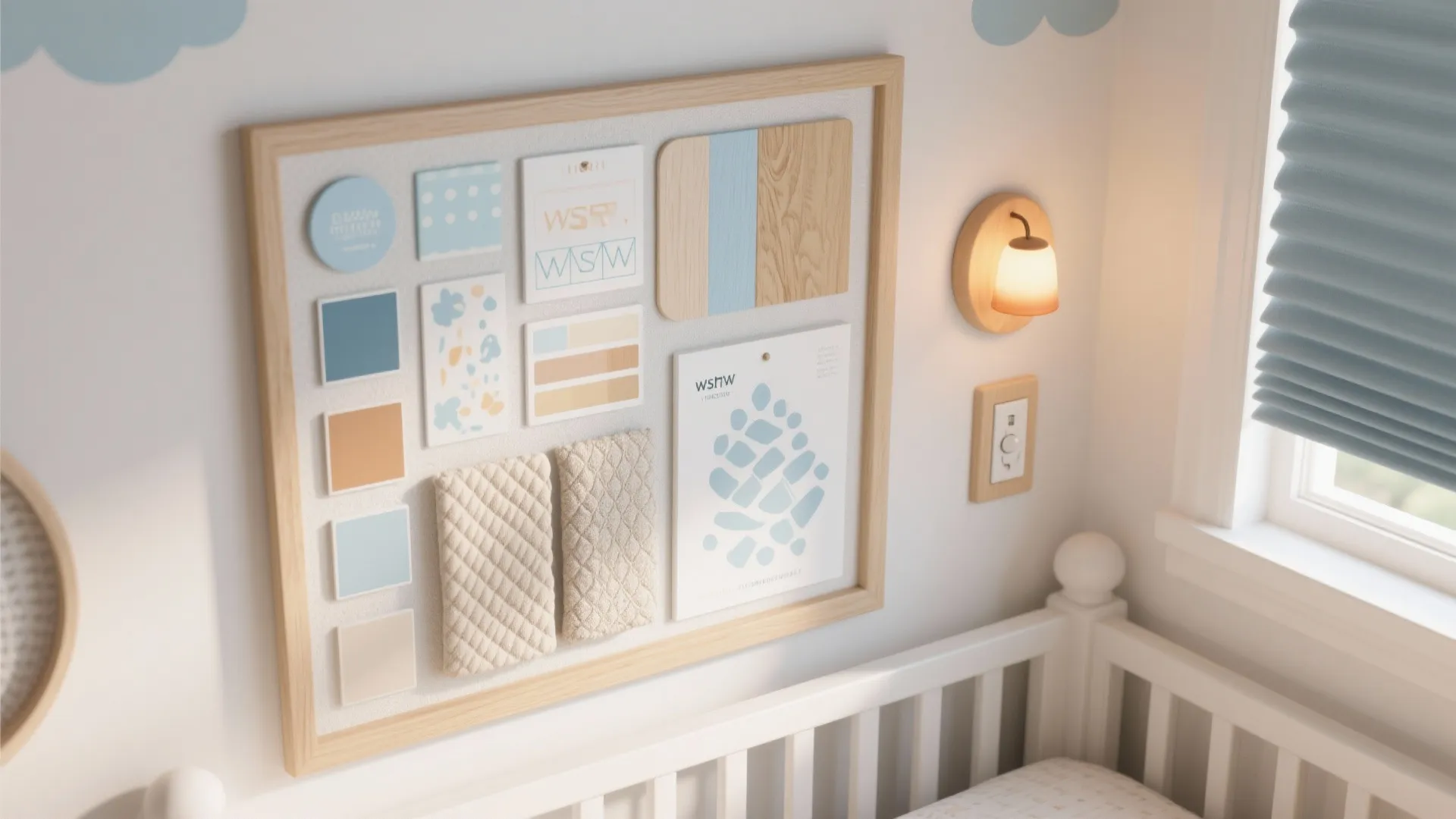 Interior design mood board with color swatches fabric samples wood textures and a small wall light