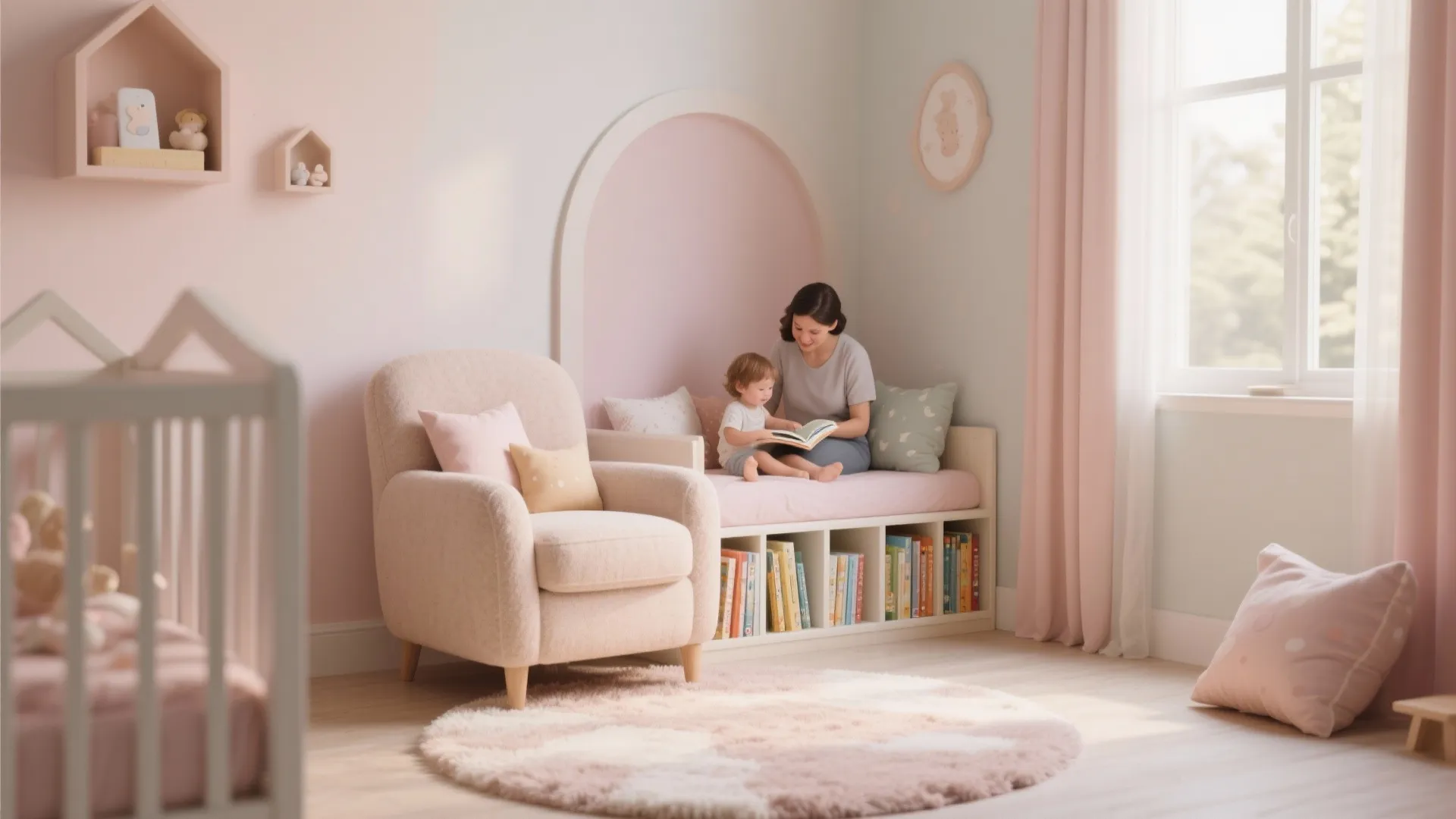 Mother and child reading books in a cozy nursery corner with pink walls and armchair