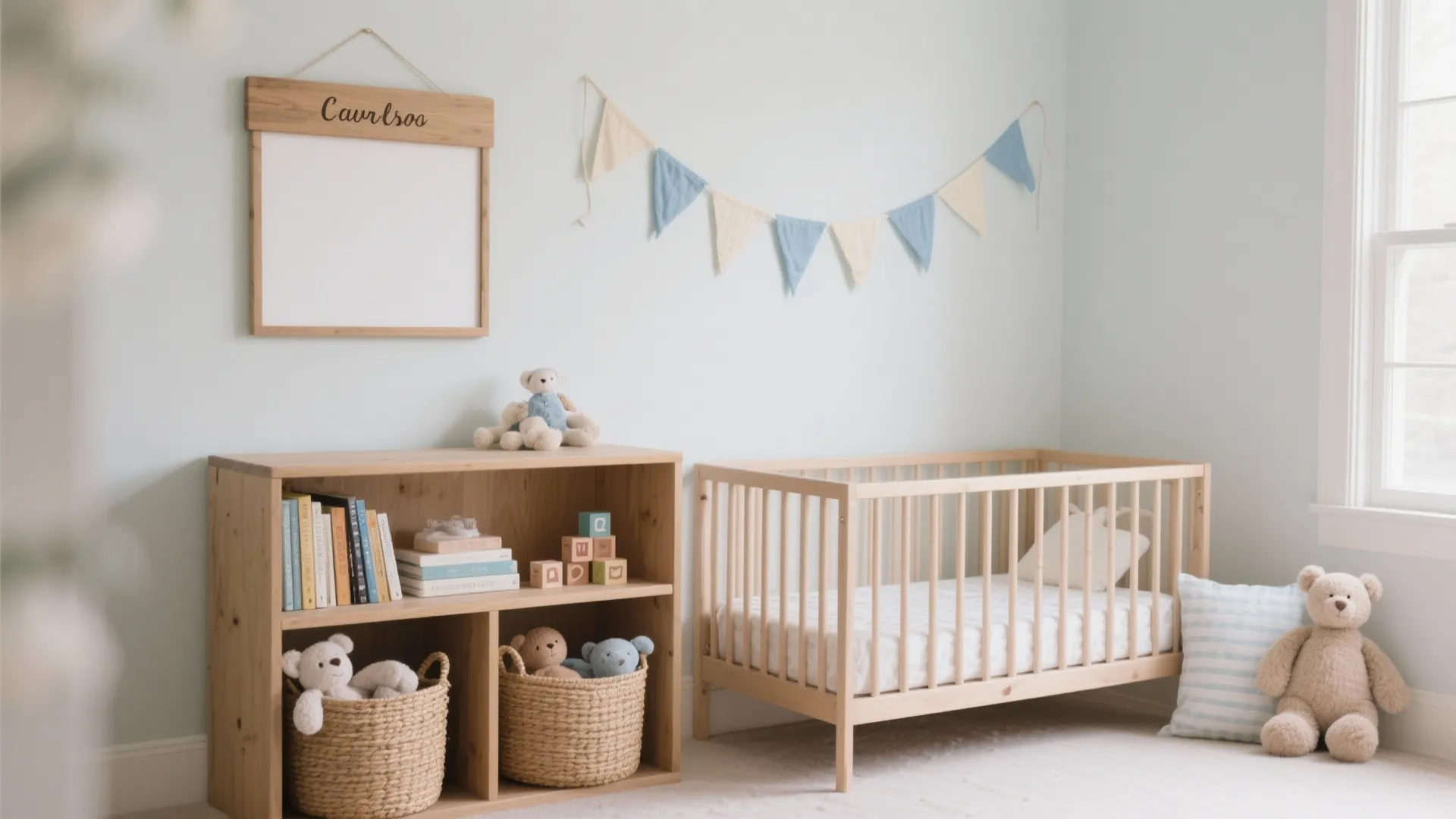 Reusable Decor Kit: Fabric Bunting, Wooden Name Sign, and Storage Bins