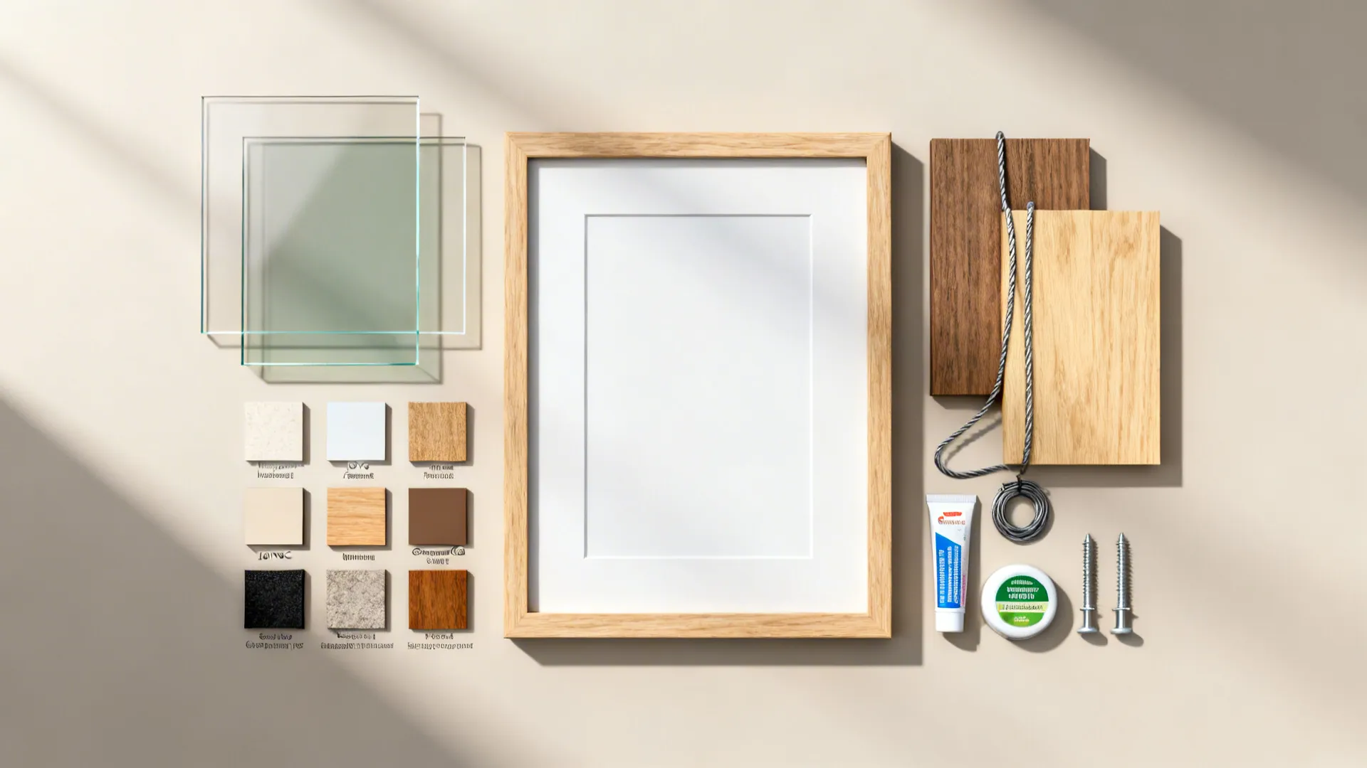 Wood frame parts glass panes color samples glue wire and screws laid out on a table