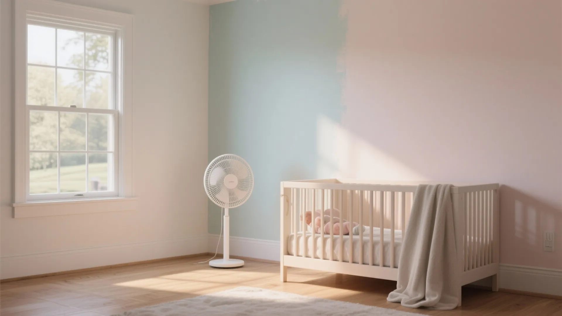 Baby nursery room with white crib wooden floor floor fan and pink blue painted walls