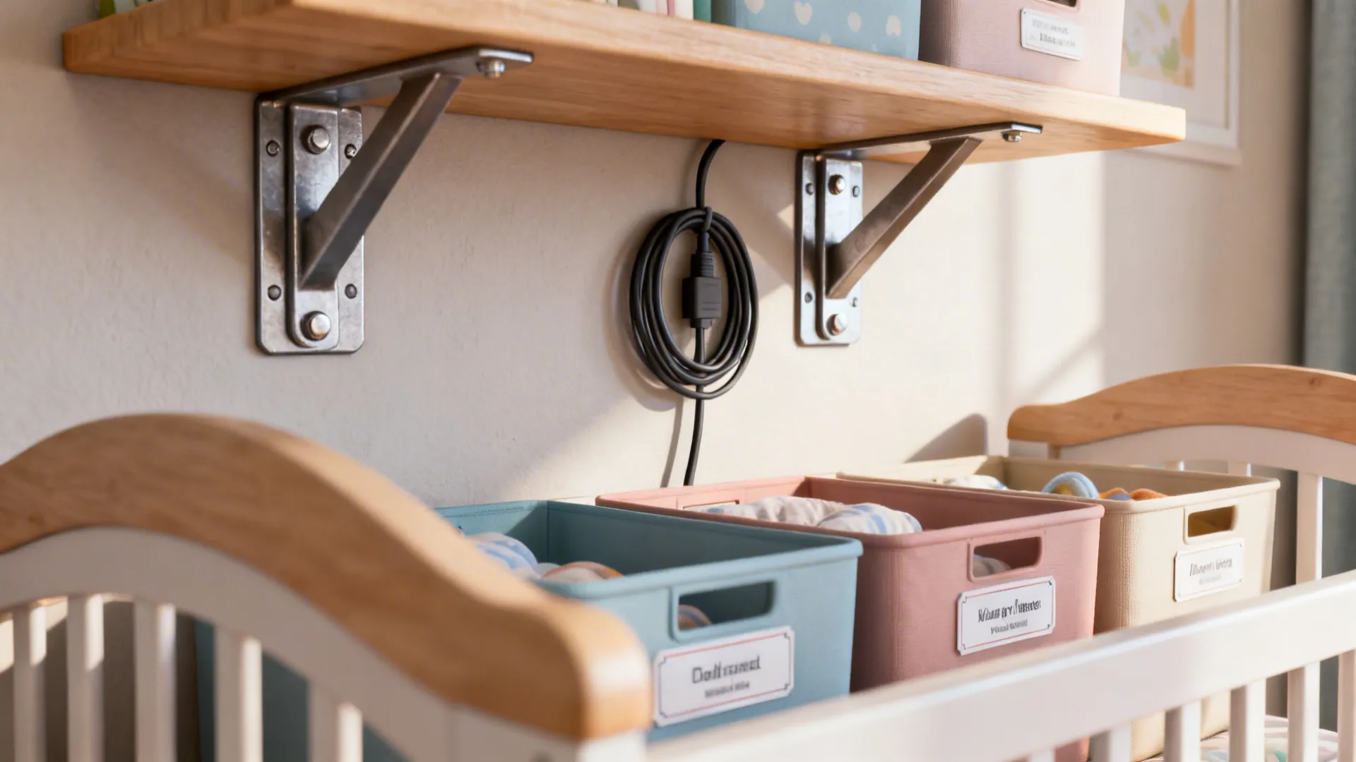 Close-up of securely anchored wall shelf and tidy cord management in a nursery.