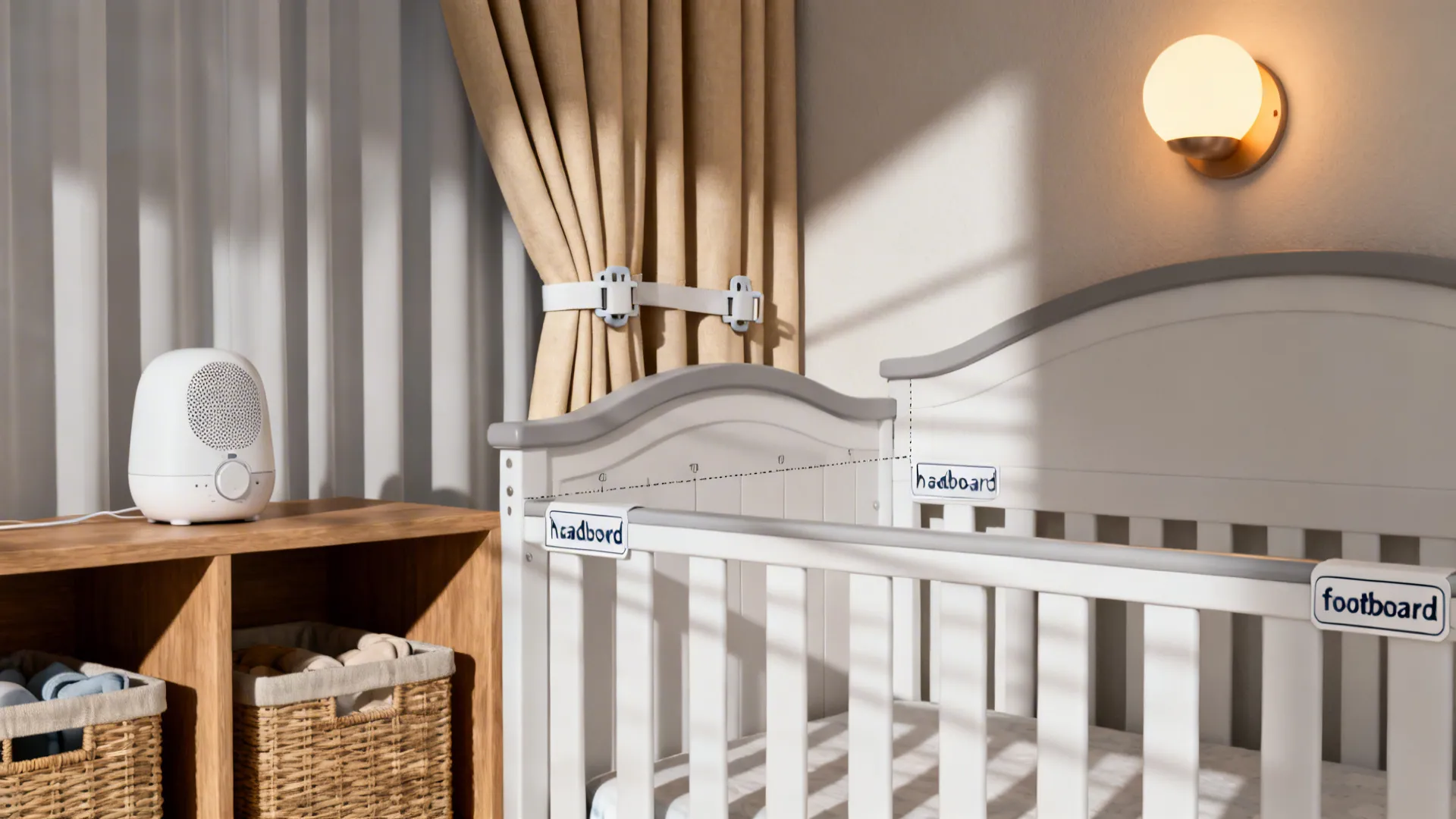 Close-up of safety elements in a twin nursery: blackout curtains, white noise machine, and crib clearances