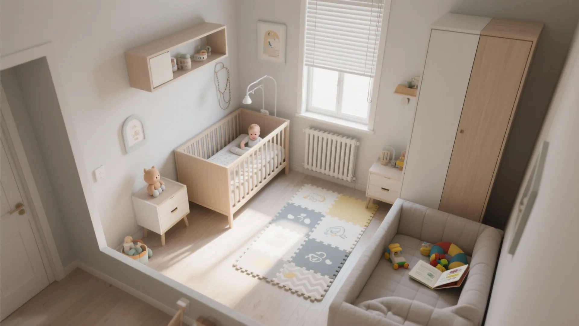 Small nursery interior design drawing showing crib play mat sofa and wooden room layout design