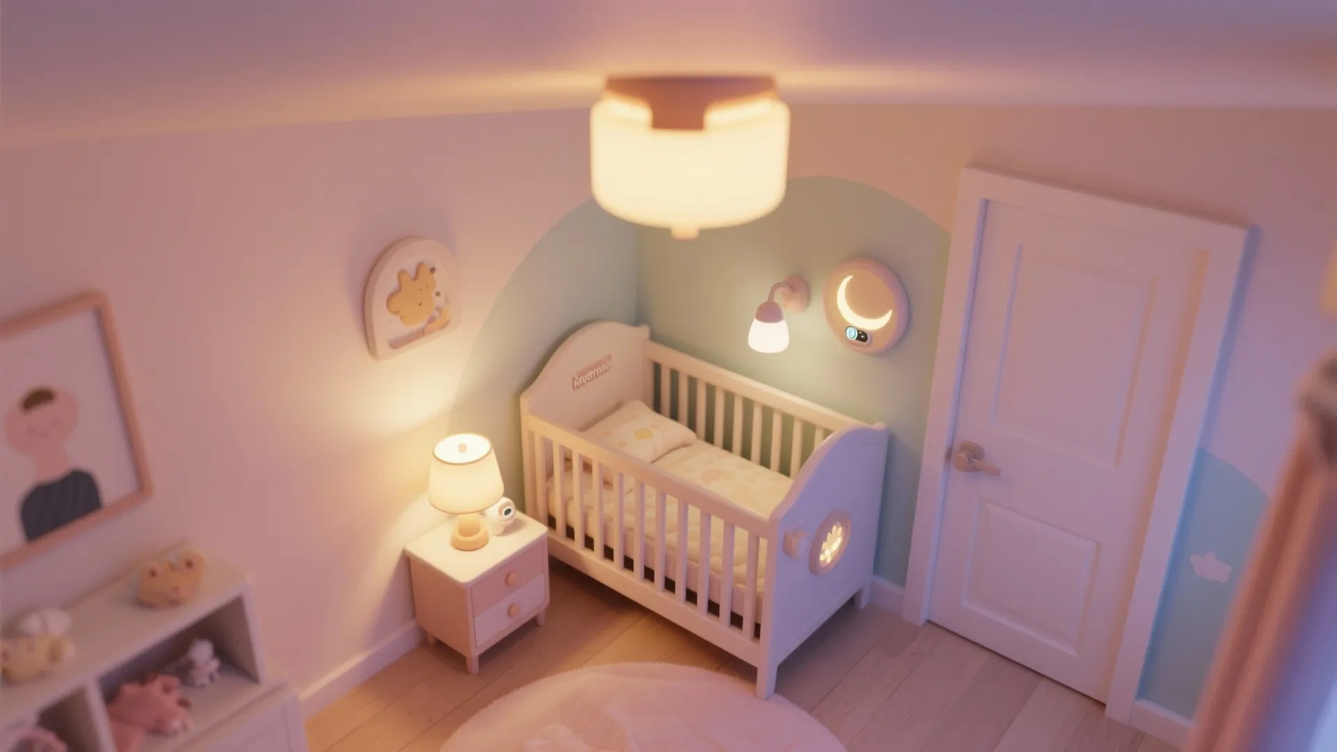 Small nursery with white crib bedside table warm table lamp wall light and soft ceiling light
