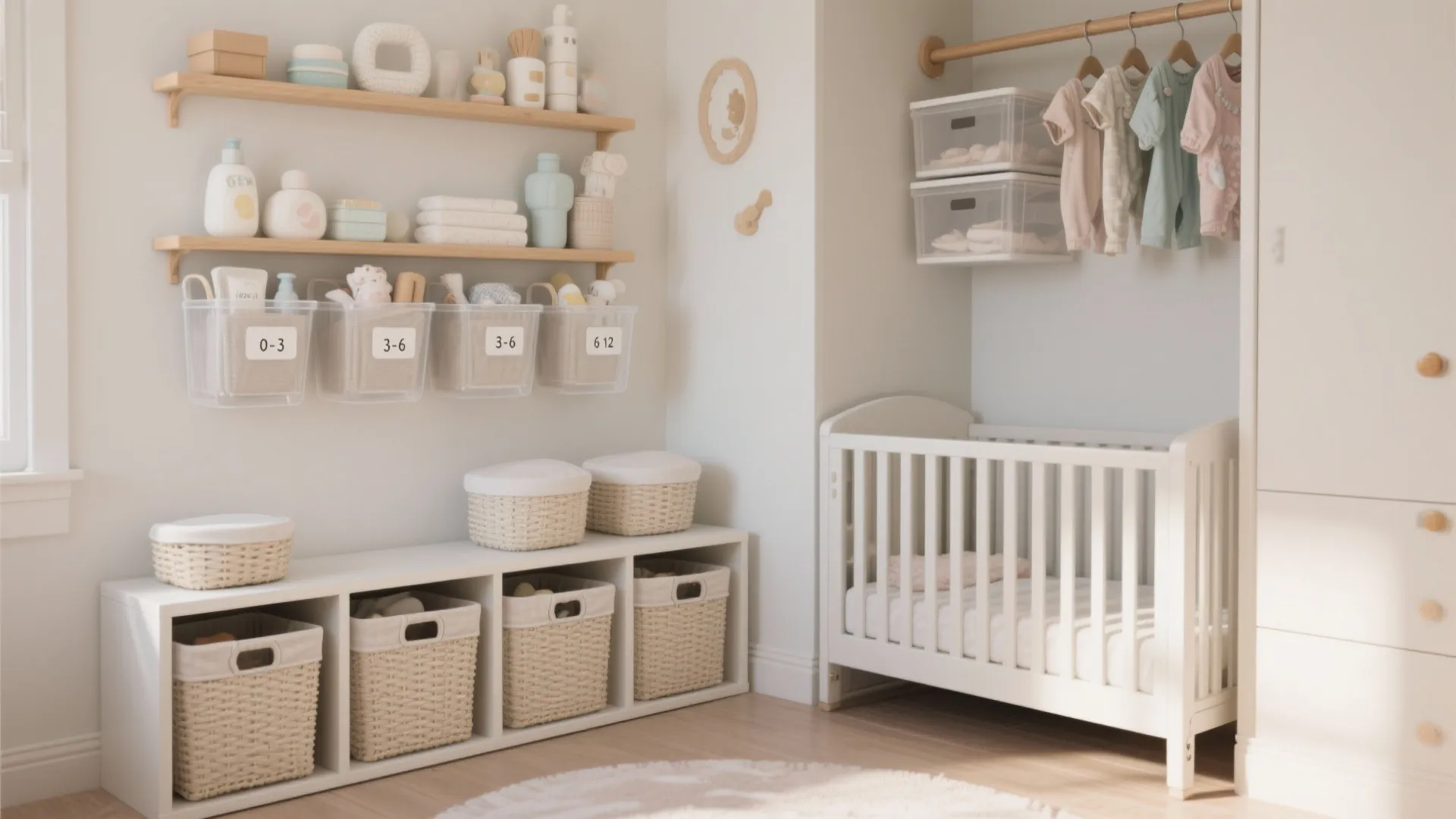 Storage that grows: wall rails, under-crib bins, and closet inserts
