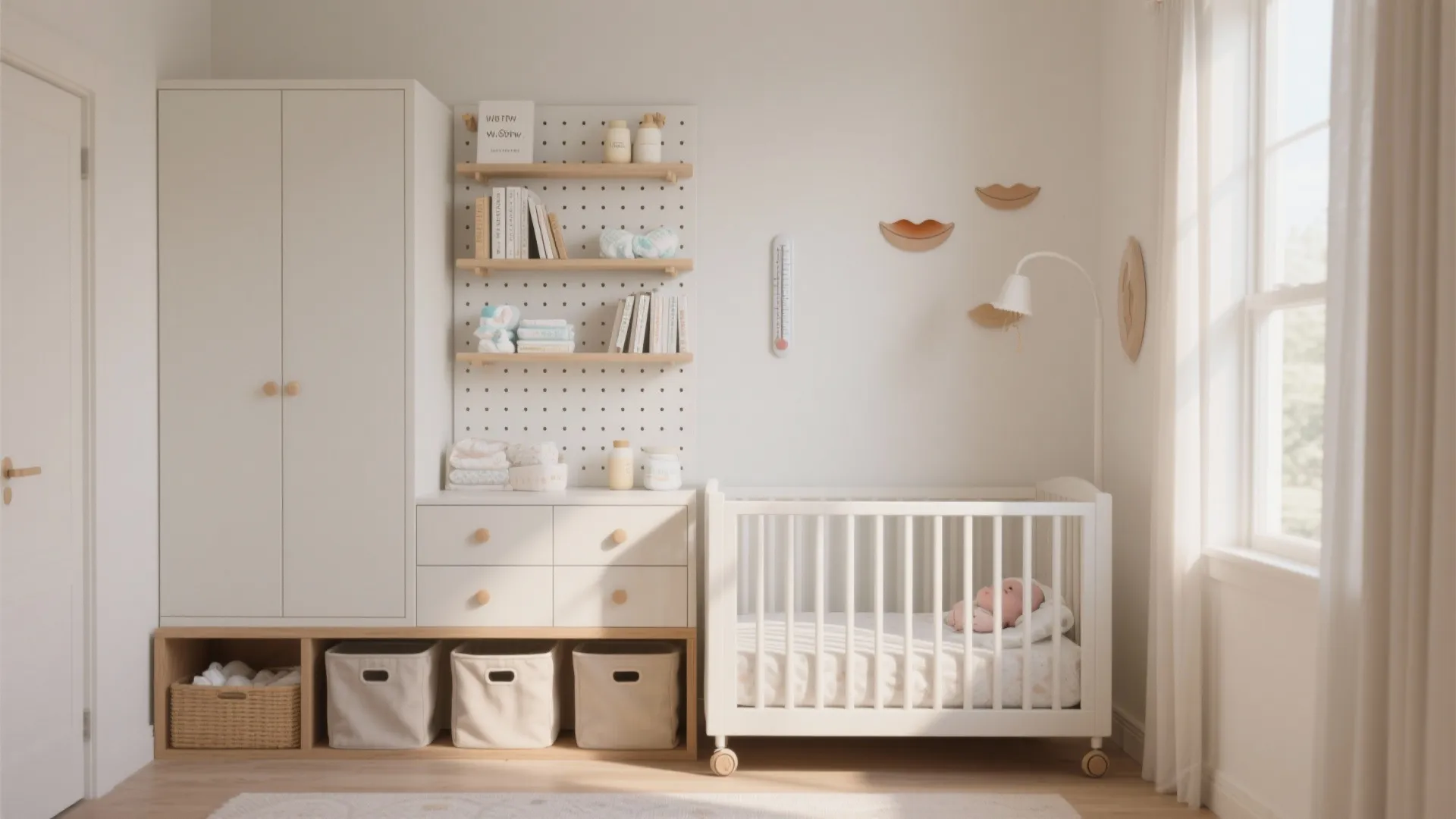 Vertical storage + under‑crib rolling bins (everything within arm’s reach)