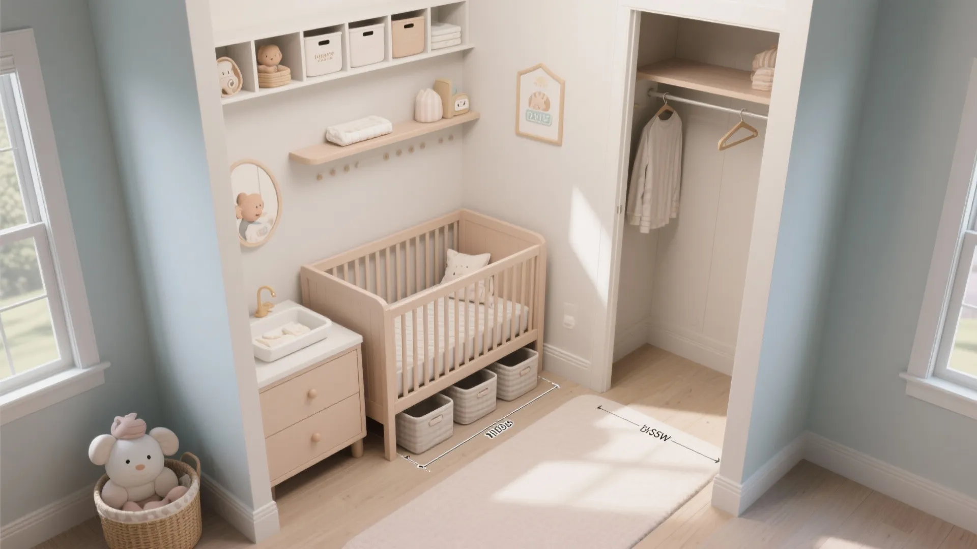 Storage that grows: wall rails, under-crib bins, and closet inserts