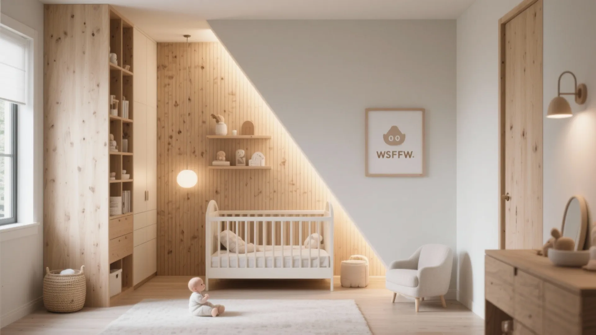 Modern nursery room with white crib wooden wall panels shelving unit and a small armchair