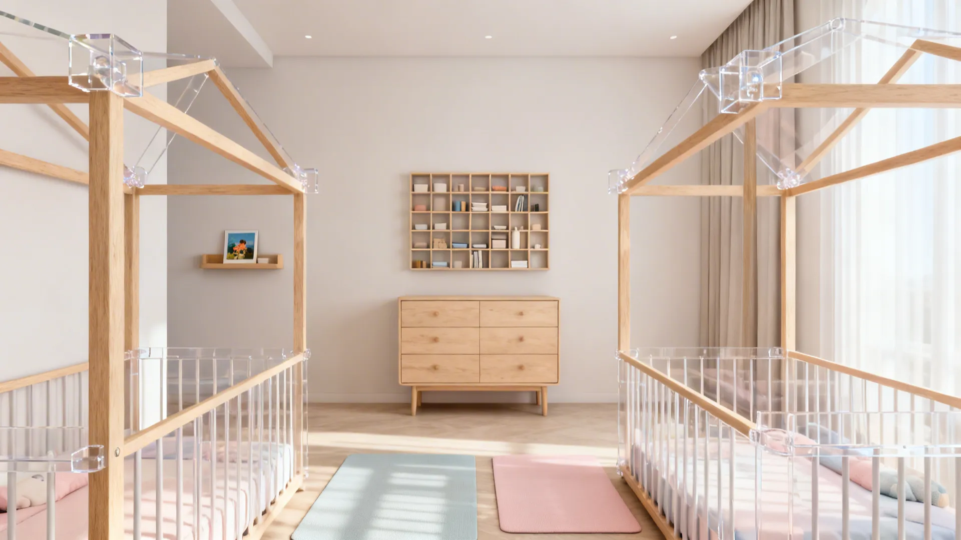 Modern nursery room with two wooden house beds wooden dresser wall shelf and colorful floor rugs