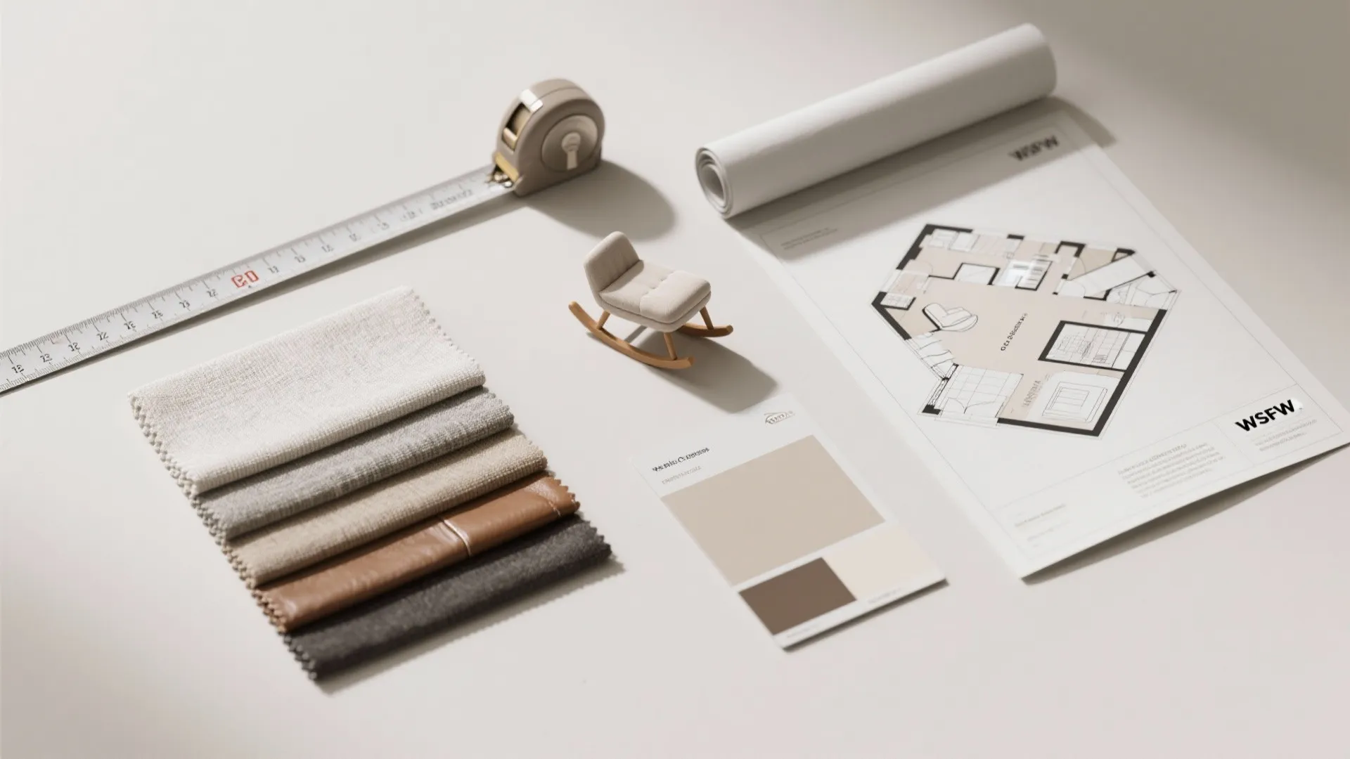 Floor plan drawing with measuring tape fabric swatches color samples and a small toy chair