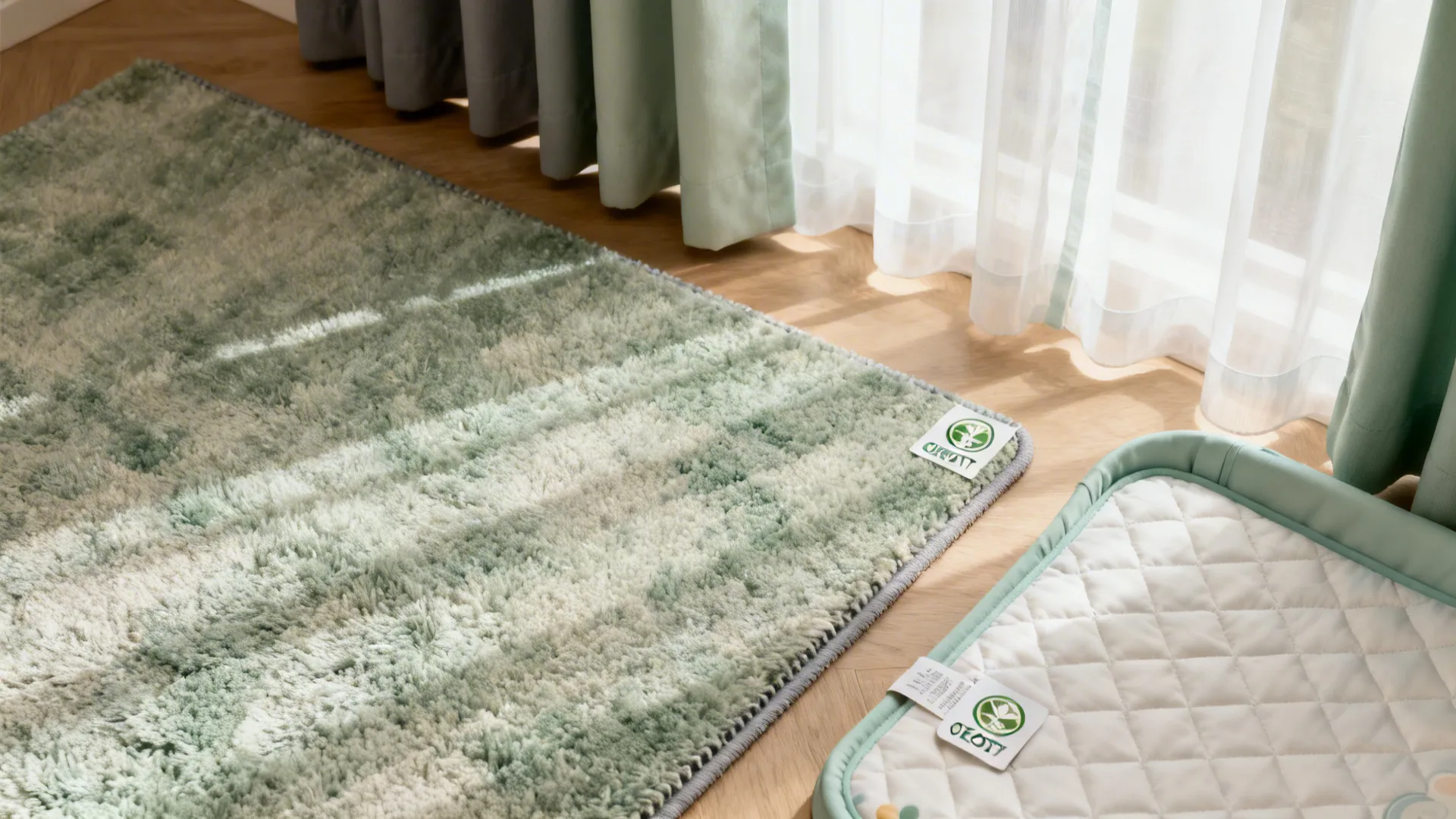 Flatlay of washable low-pile rug, layered curtains, and quilted changing pad in calm neutrals.