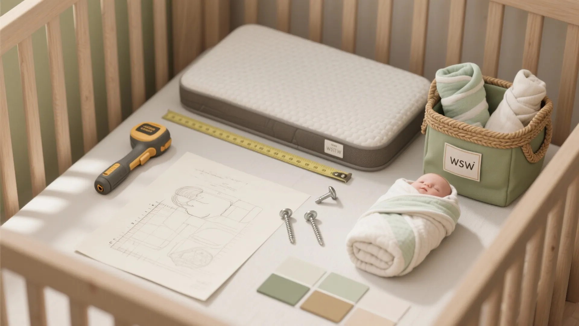 Nursery planning flatlay with mattress and measuring tape plus screws and small interior design drawing