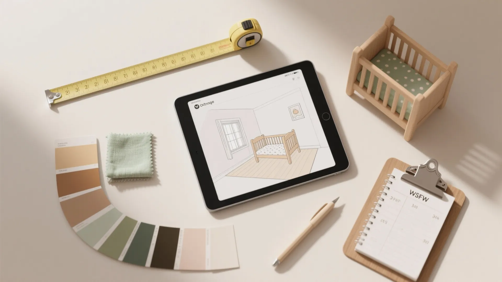 Interior design tools including a tablet showing a bed drawing and a yellow tape measure