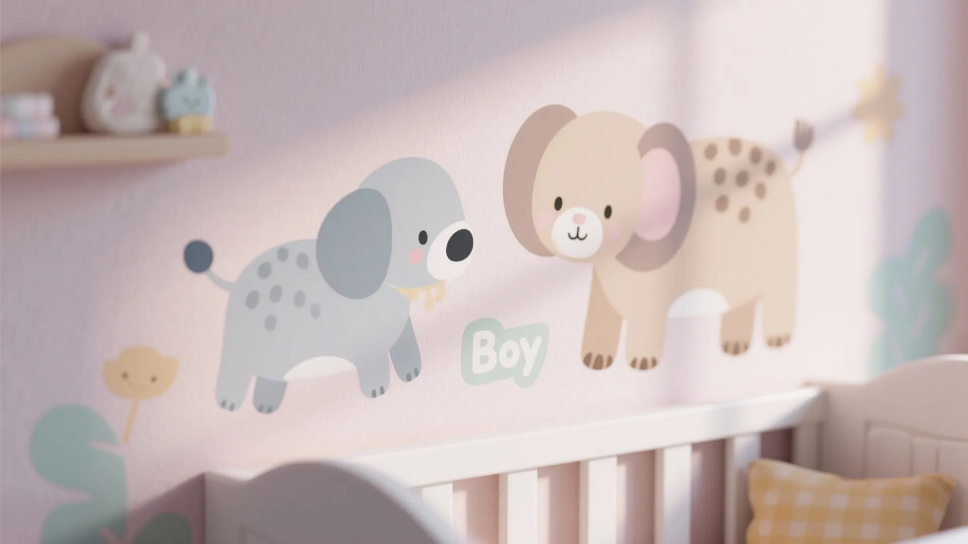 Pink nursery wall featuring cute animal stickers with a dog an elephant and a white crib