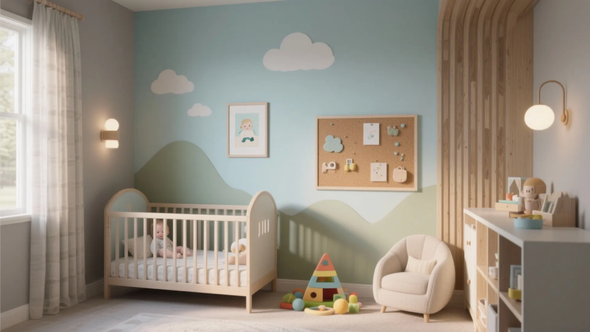 Modern nursery with blue mountain wall paint, wooden crib, small white armchair, and wall light