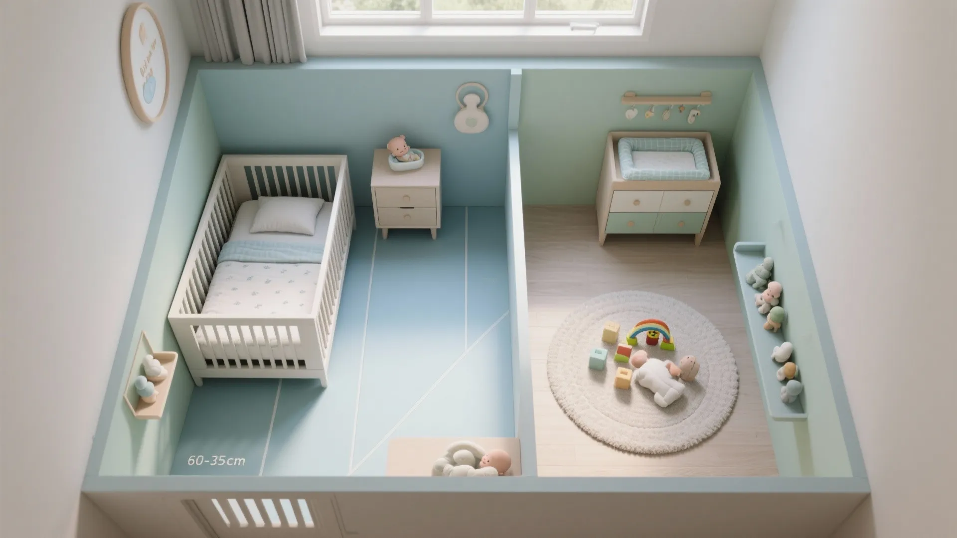 Interior design drawing showing a nursery room layout with separate sleep and play area zones