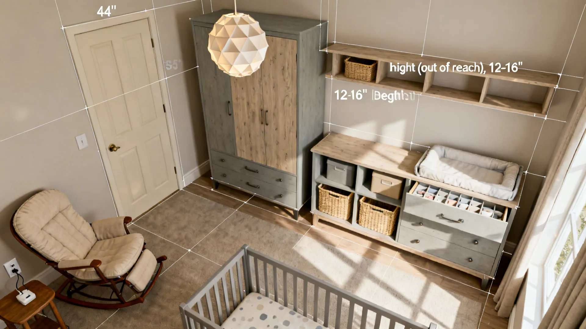 Top-down layout showing clear circulation and vertical storage zones in a compact nursery.