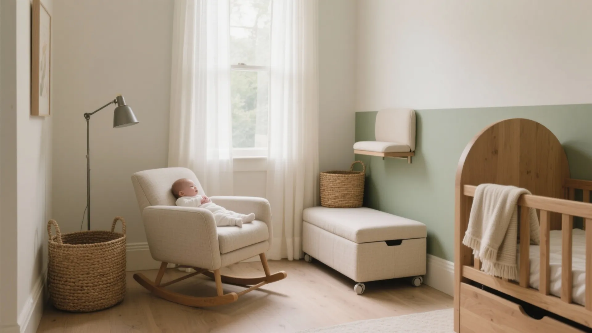 Baby in cream rocking sofa chair with wooden crib storage bench and green wall panel