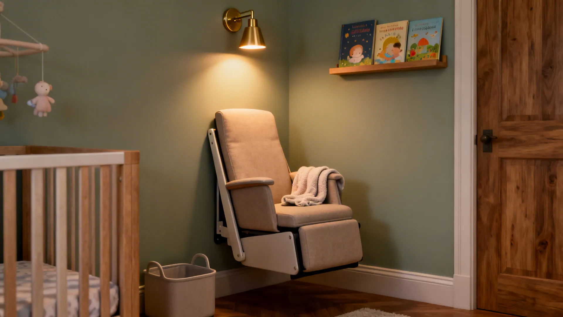 Cozy nursery corner with beige chair gold wall light wooden crib green walls and books