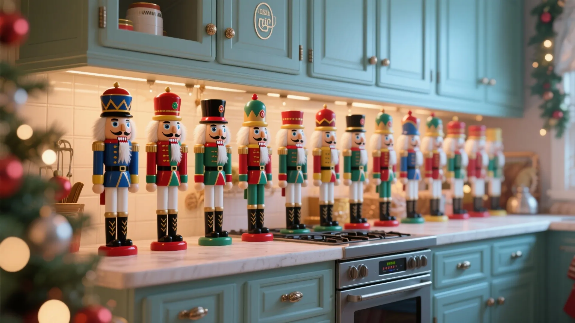 Nutcracker figures arranged in a row above cabinets