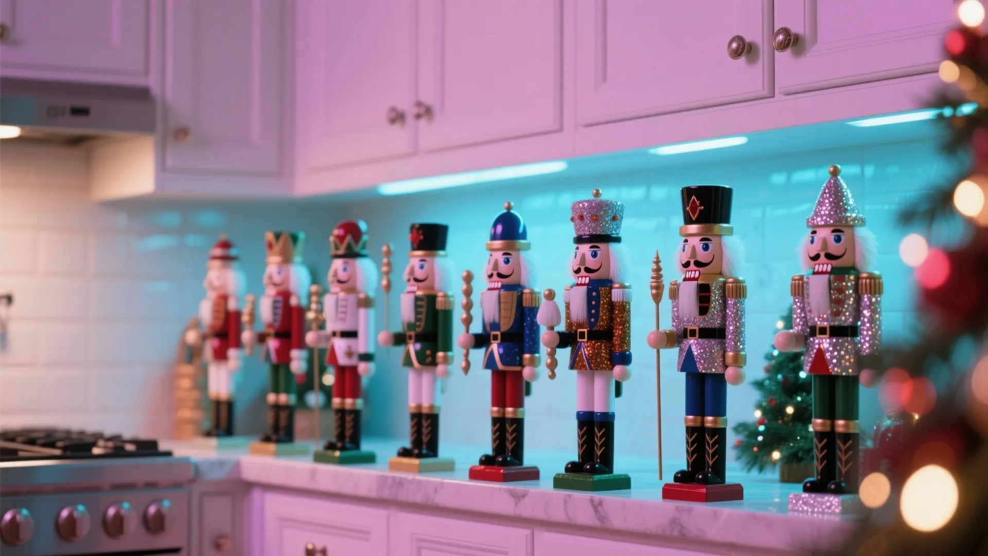 Row of colorful nutcracker dolls on white marble kitchen counter under soft blue decorative lights