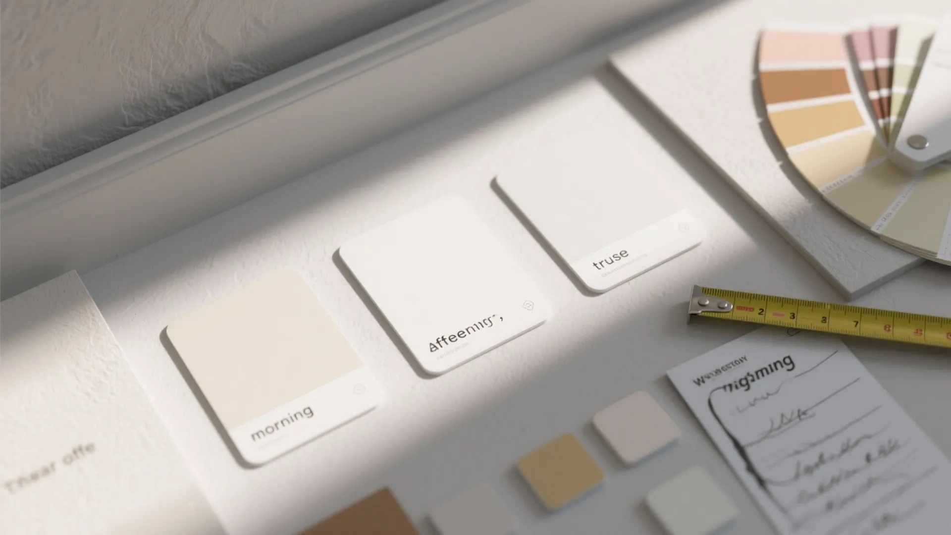 Close up of white paint cards on table with measuring tape and colorful fan deck