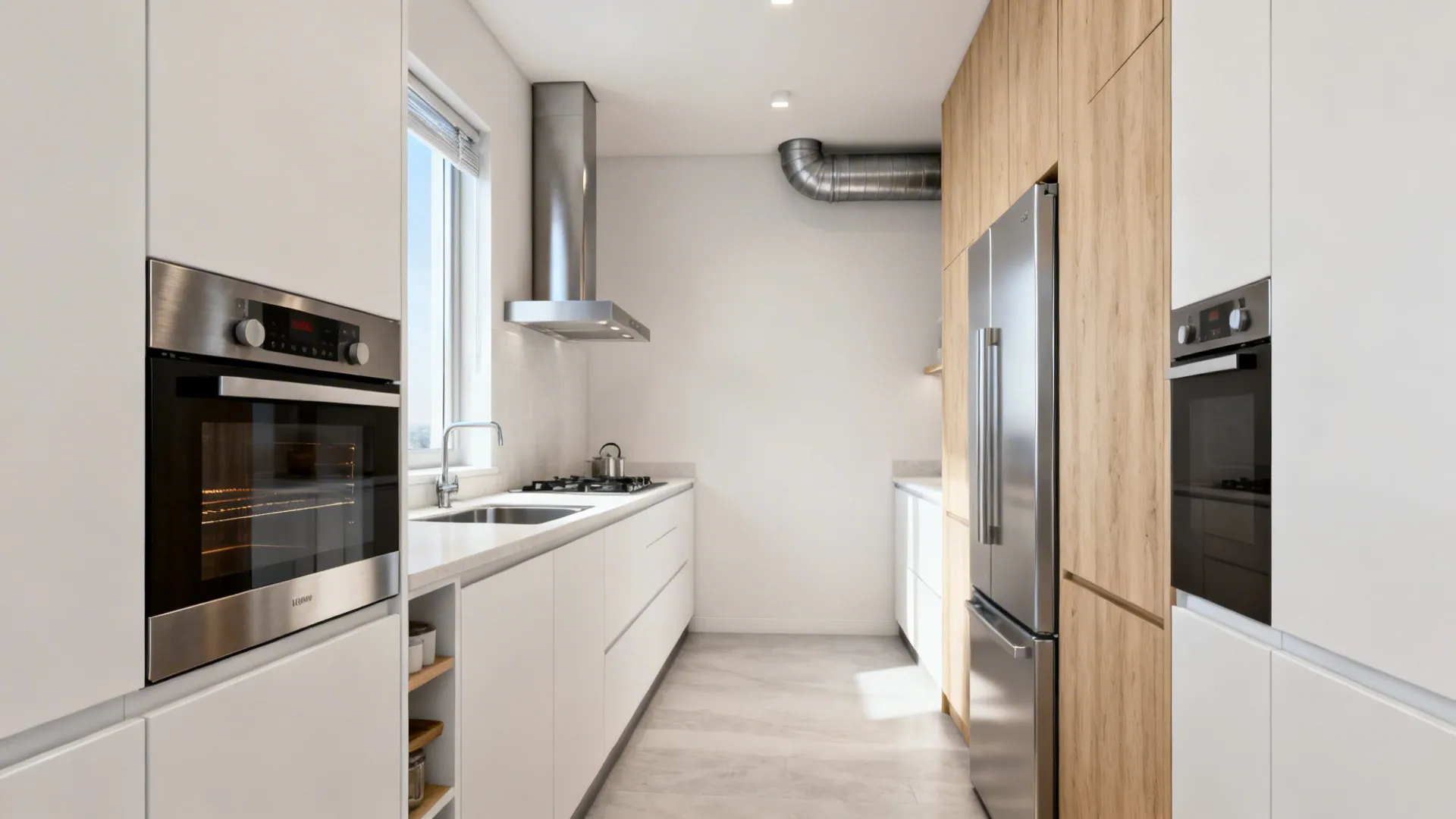 North-west kitchen zone with chimney exhaust and compact tall storage maintaining a clear 90 cm walkway.
