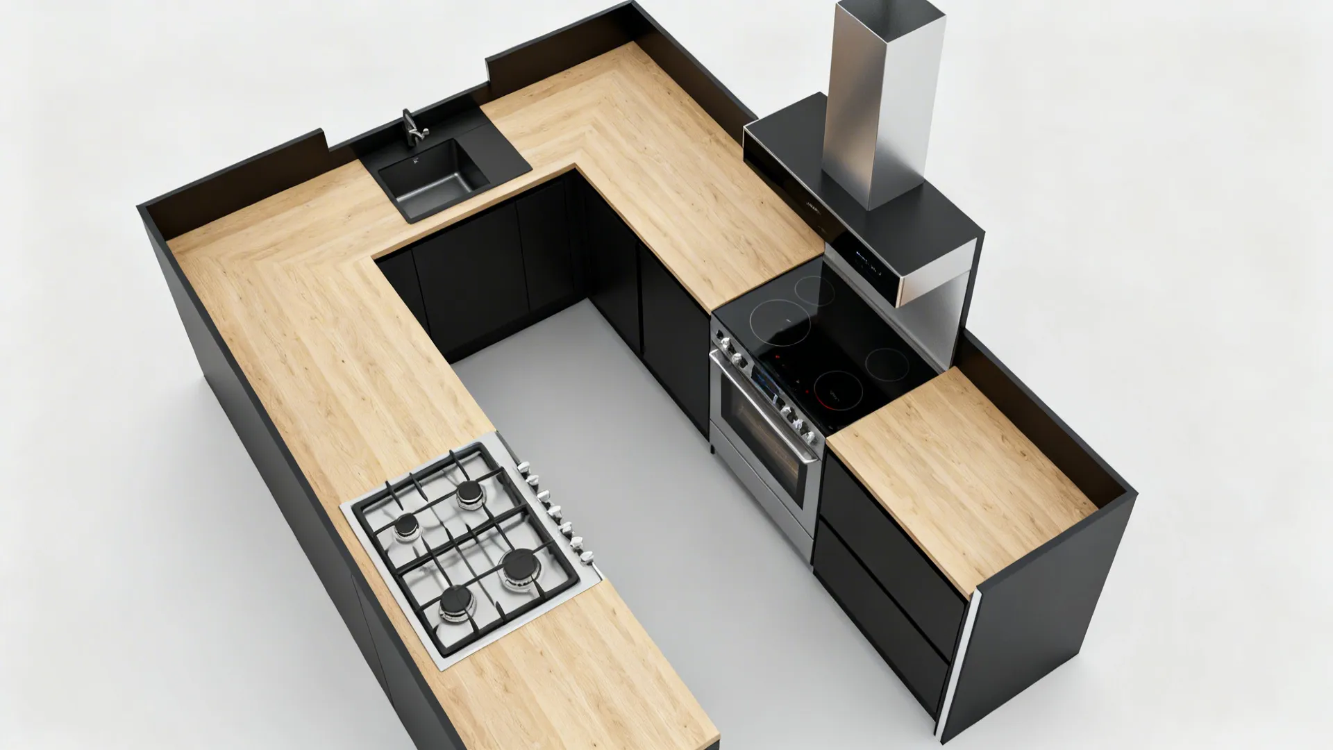 Top-down view of compact kitchen zones with south-east hob and north-west ventilation keeping clear circulation.