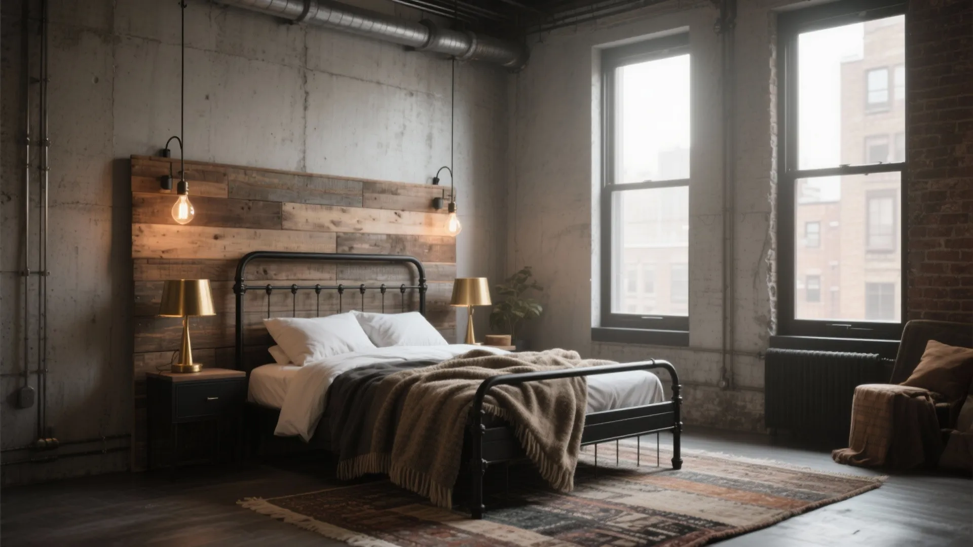 Industrial loft bedroom featuring concrete walls and black metal bed frame with large bright windows