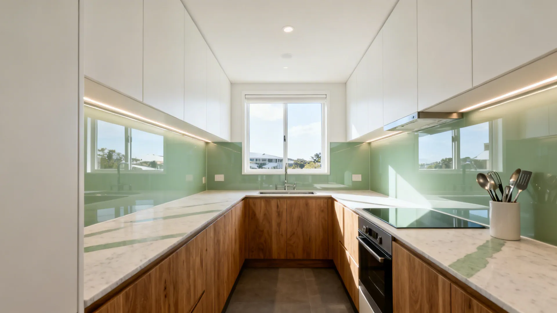 Compact U shaped kitchen with wood lower cabinets white upper cabinets and green glass walls