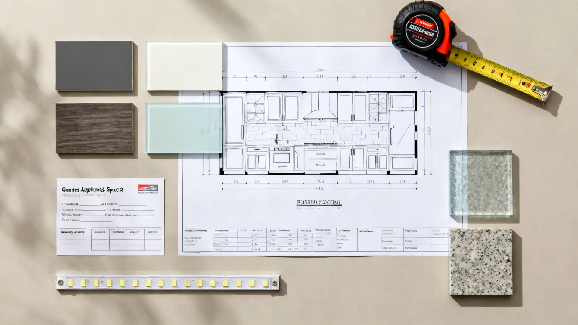 Flat lay of a small-kitchen plan with specs, samples, and measuring tools for NZ renovations.