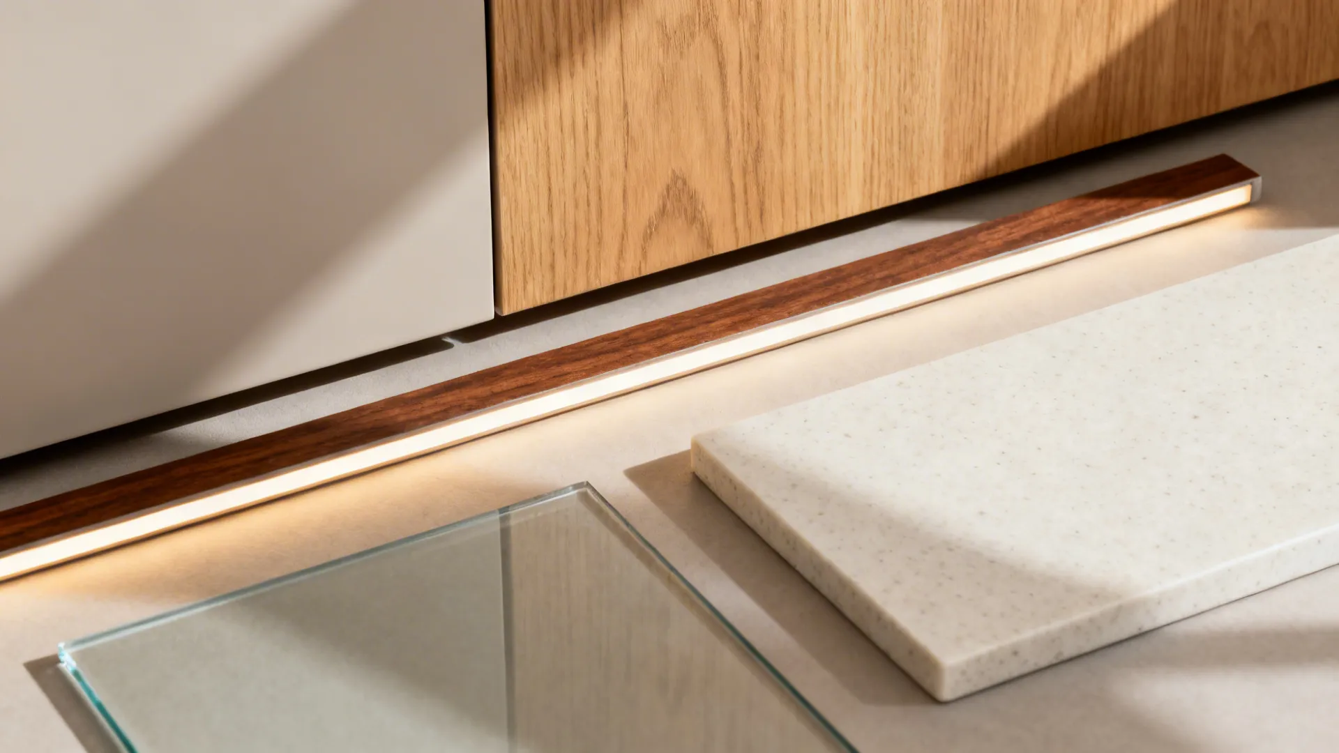 Flat lay with matte cabinet, oak and walnut veneers, low-iron glass, and pale quartz samples.