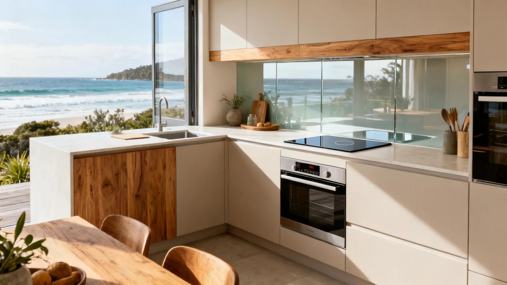 Bright small NZ kitchen with L-shape, glass splashback, wood accents, and compact appliances.