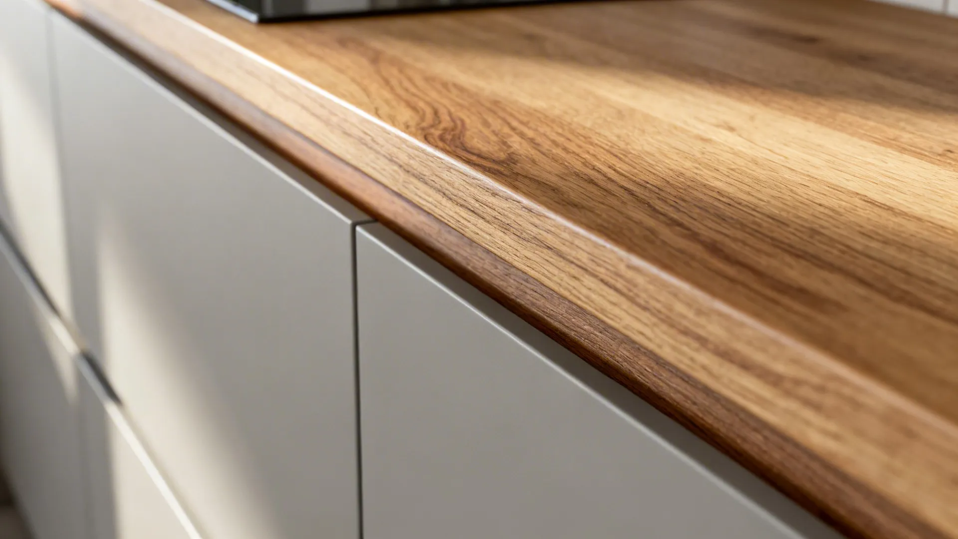 Macro of rift-cut oak shelf and slim wood edge trim beside matte cabinetry.